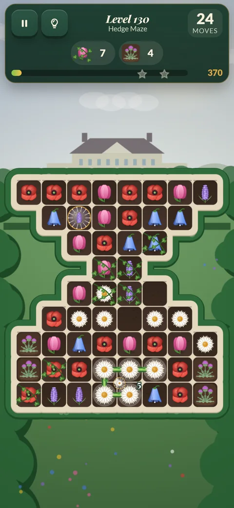 Garden Match Quest level 130, Hedge Maze: a cross-shaped board with thistle and rose goals and a vine linking daisies near the bottom.