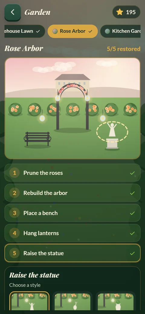 Garden Match Quest restoration screen: the Rose Arbor fully restored, with all five tasks from pruning the roses to raising the statue ticked off.