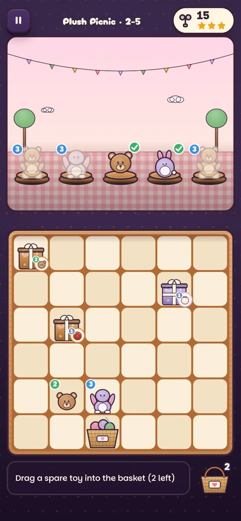 Toybox Evolution on a phone: Plush Picnic stage 2-5, plush animals waiting on the picnic display above a board of gift boxes and numbered toys to merge.