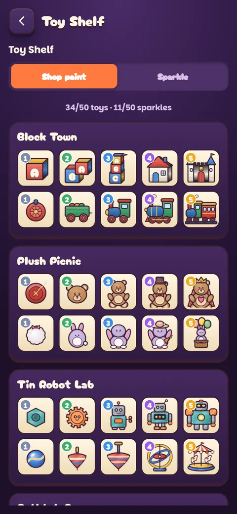 Toybox Evolution Toy Shelf: the collection of evolved toys for Block Town, Plush Picnic and Tin Robot Lab, 34 of 50 toys found.