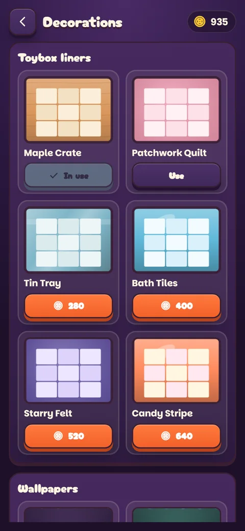 Toybox Evolution decorations shop: toybox liners such as Maple Crate, Patchwork Quilt, Tin Tray and Bath Tiles, priced in coins.