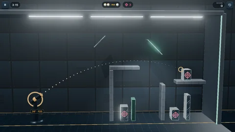 Glass Break Lab aiming: a dotted trajectory arcs from the launcher at 38 degrees toward glass pillars and target boxes on concrete stands.