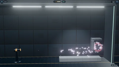 Glass Break Lab chain reaction: a glass structure bursts into glowing shards as a target is hit in a later chamber.