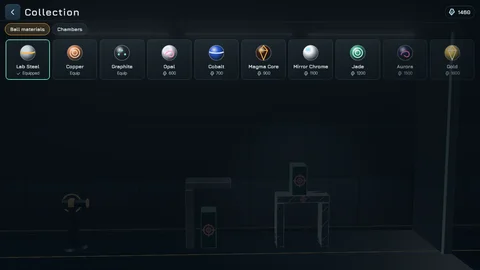 Glass Break Lab collection: unlockable ball materials from lab steel and copper to magma core, jade and gold, priced in shards.