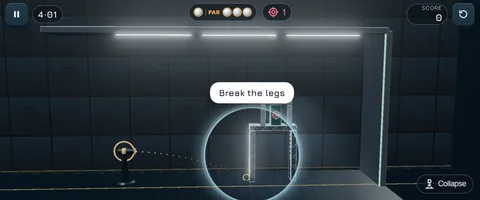 Glass Break Lab on a phone in landscape: touch aiming with a magnified view of a glass table and a hint to break the legs.