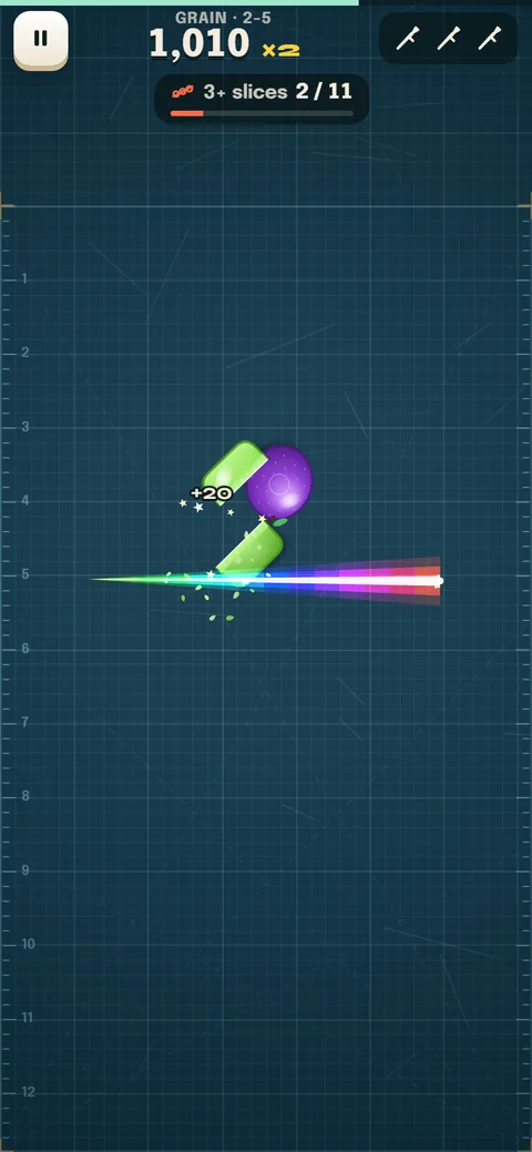 Slice Rush on a phone: Grain mission 2-5, a rainbow blade slicing through green jelly and a plum on a blueprint mat.
