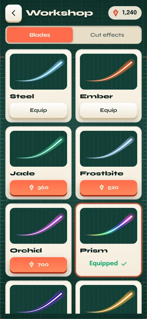 Slice Rush workshop: blade trails Steel, Ember, Jade, Frostbite, Orchid and Prism, with Prism equipped.