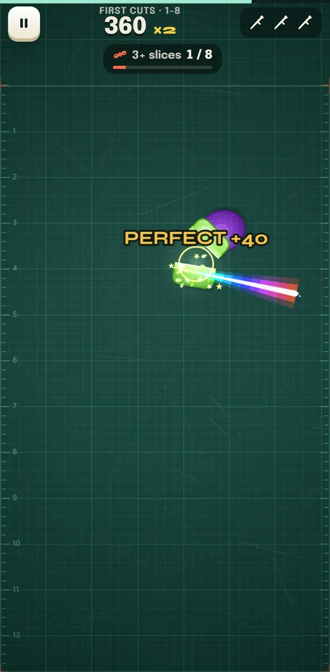 Slice Rush touch play: First Cuts mission 1-8, a swipe slices jelly dead centre for a perfect +40.