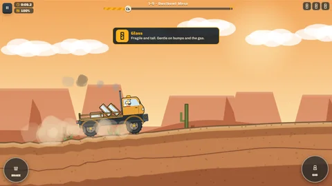 Hill Hauler route 1-9 in Dustbowl Mesa: a yellow truck carries panes of glass over desert bumps while a tip warns that glass is fragile.