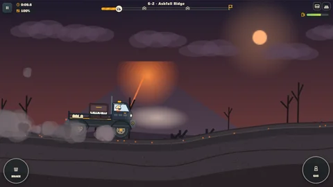 Hill Hauler route 6-2, Ashfall Ridge: a hauler carries a piano across dark volcanic ground beneath an erupting volcano.