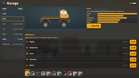 Hill Hauler garage: choosing the Goat hauler, its power, grip and winch stats, workshop upgrades and paint colours.