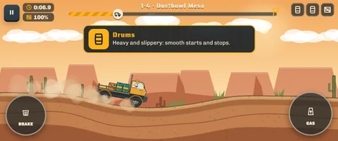 Hill Hauler on a phone in landscape: route 1-4 with large brake and gas touch pedals and a tip that drums are heavy and slippery.